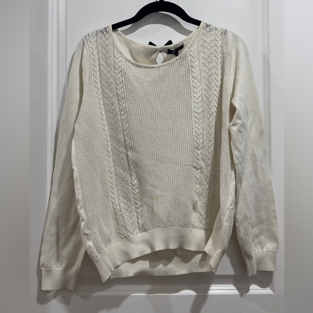 MNG Basics White Cable Knit Sweater w Bow & Keyhole Back- Cute, Classy, Girly